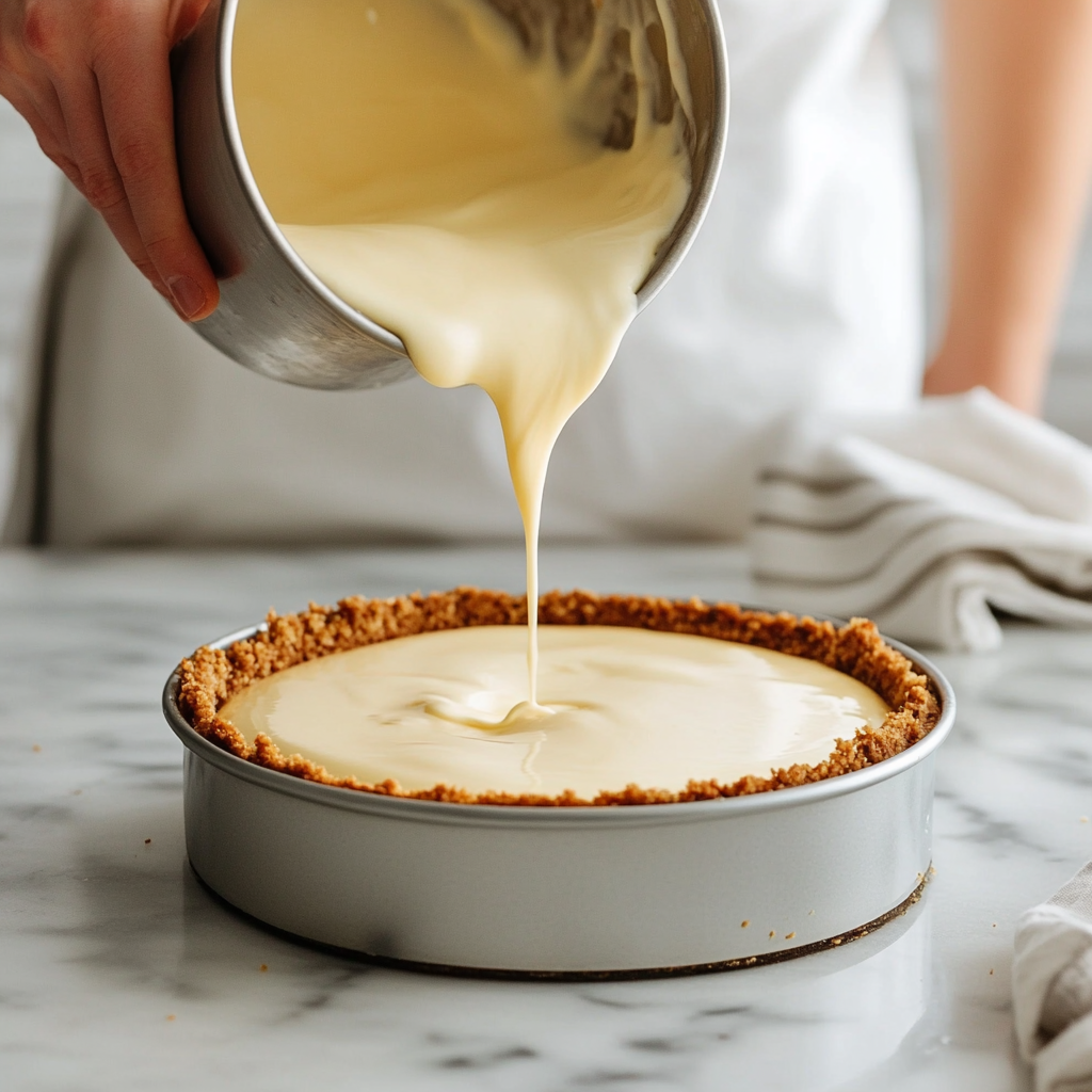 A smooth cheesecake filling being poured into a springform pan.