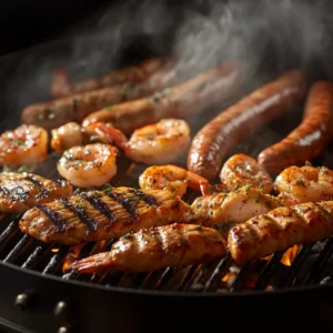 Smoked shrimp, fish, chicken wings, and sausages on a smoker.