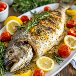 A perfectly roasted branzino garnished with lemon slices, fresh rosemary, and cherry tomatoes.