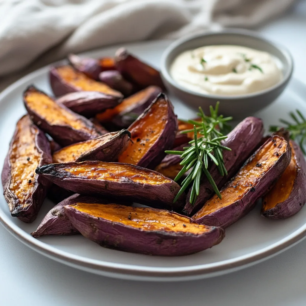 Roasted purple sweet potato wedges served with a dipping sauce