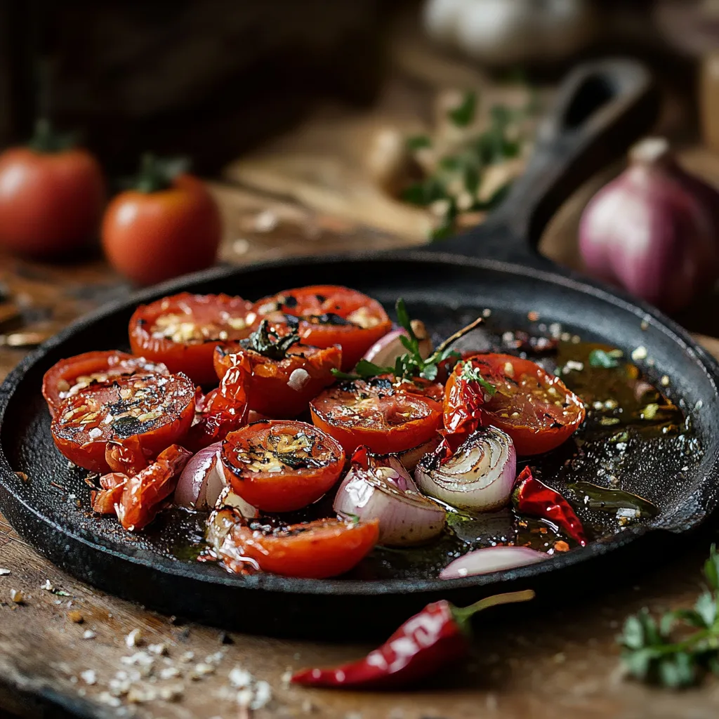 Charred tomatoes, chilies, onion, and garlic on a hot comal