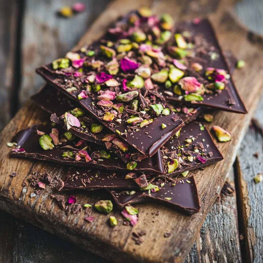 Pieces of rose water and pistachio chocolate bark garnished with dried rose petals.