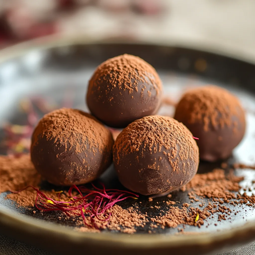 A plate of saffron-infused chocolate truffles dusted with cocoa powder, surrounded by saffron threads.