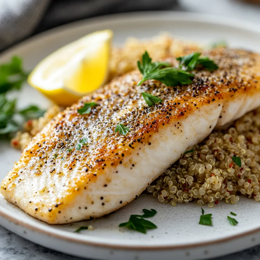 A plated branzino fillet served with quinoa and a lemon wedge.