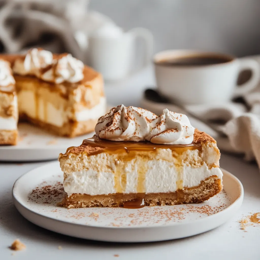 Slices of churro cheesecake served on plates with caramel drizzle and a cup of coffee on the side.