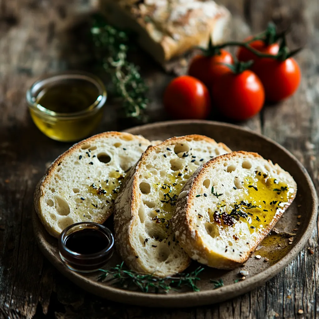 Slices of crusty Italian bread served with olive oil, balsamic vinegar, and fresh tomatoes.