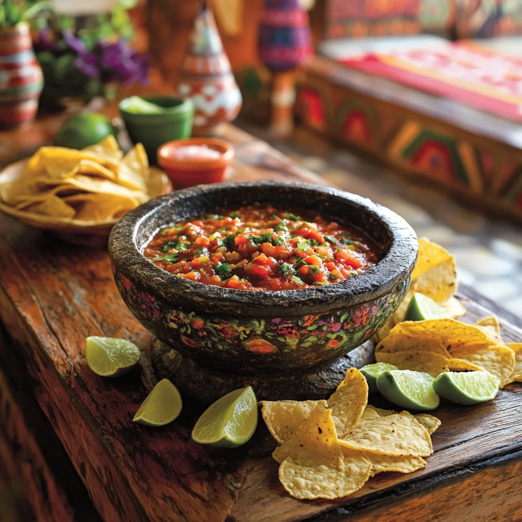 A spread featuring molcajete salsa, tortilla chips, and tacos on a rustic table