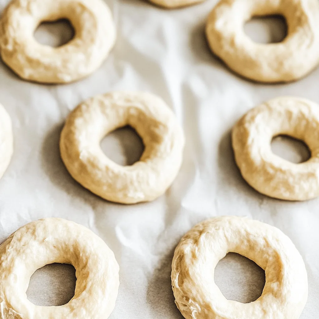 Bagels shaped and resting on a tray for proofing.