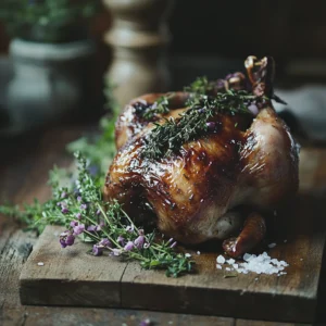 Close-up of a whole roasted chicken on a wooden cutting board with fresh herbs and seasonings.