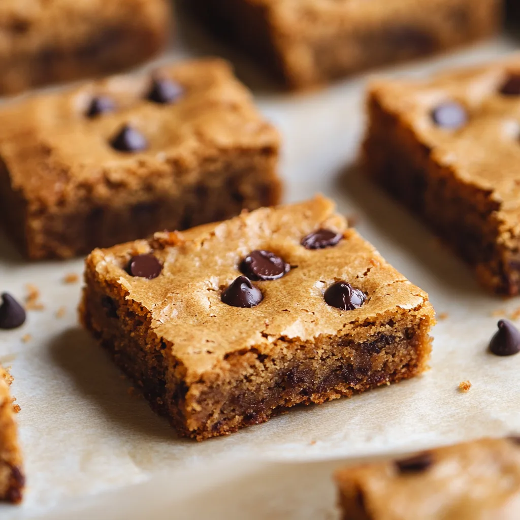 Close-up of sliced blondies with chocolate chips.