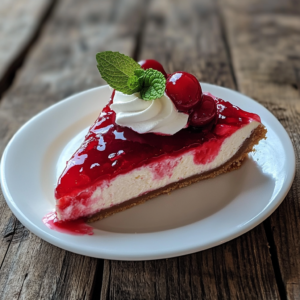 A sliced cherry cheesecake served on a plate with whipped cream and mint garnish.