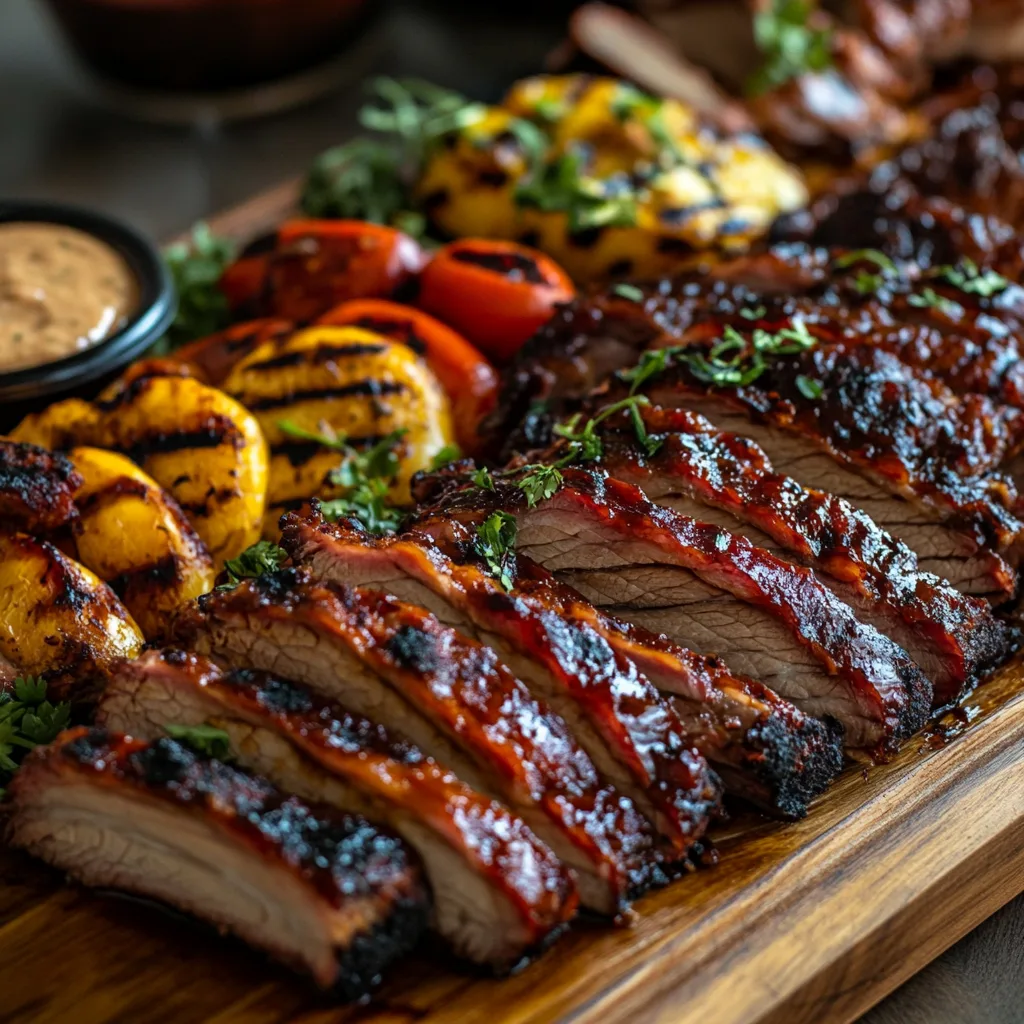 A platter of smoked brisket, ribs, chicken, and grilled vegetables presented on a wooden table