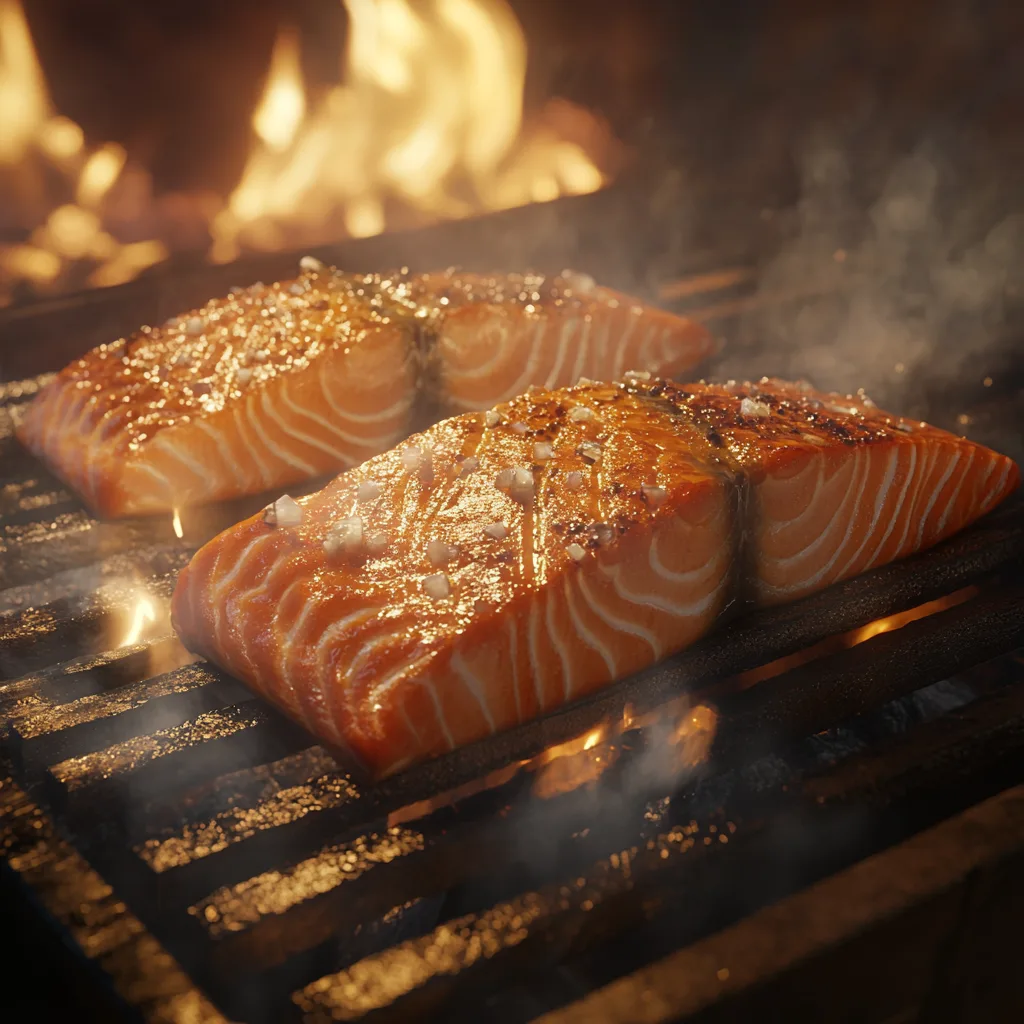 Smoked salmon fillets on a smoker grill.