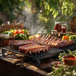 A backyard BBQ smoker with sizzling meats, vegetables, and smoke wafting in the air.