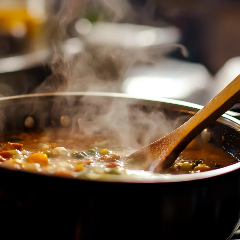 A close-up shot of a pot of soup gently simmering on a stove, with steam rising and a wooden spoon resting on the edge.