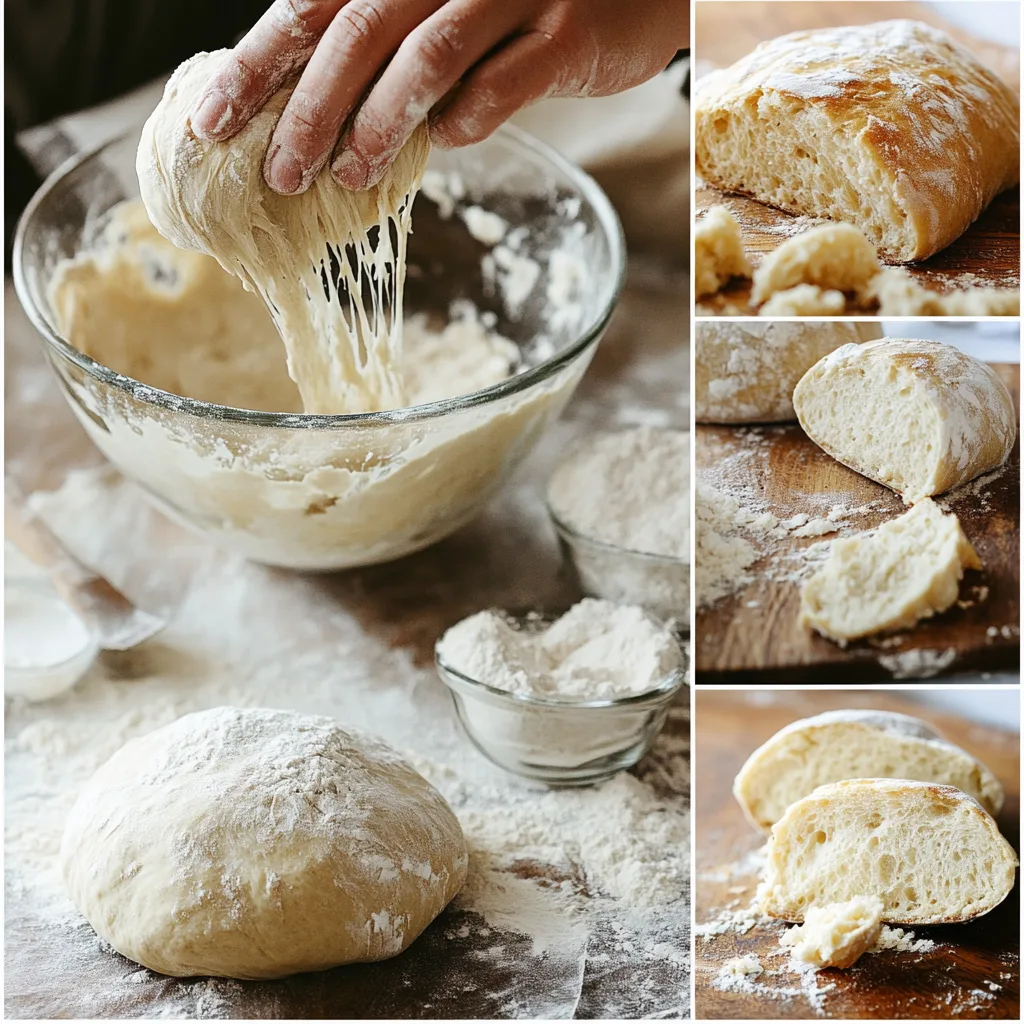 Collage of the steps to make crusty Italian bread: mixing, rising, shaping, scoring, and baking.