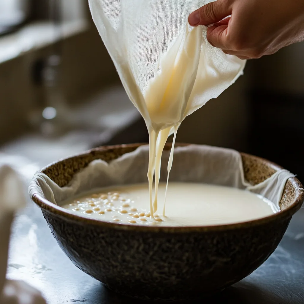 Soy milk being strained through a cheesecloth