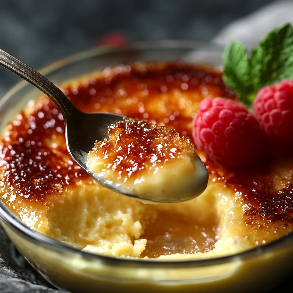 A spoon cracking the sugar topping of crème brûlée next to a bowl of creamy custard.