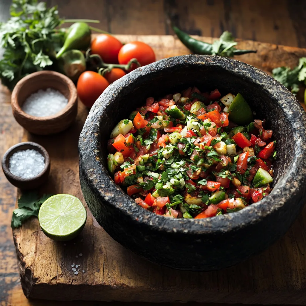 A molcajete filled with roasted tomatoes, green chili peppers, garlic, and cilantro being ground into a textured salsa, surrounded by lime halves, cumin seeds, and salt on a rustic wooden table under natural light.