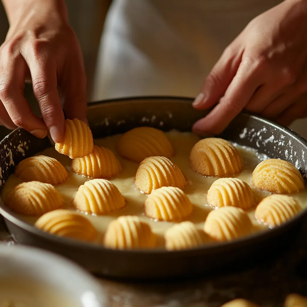 A baker carefully placing madeleines on cake batter.