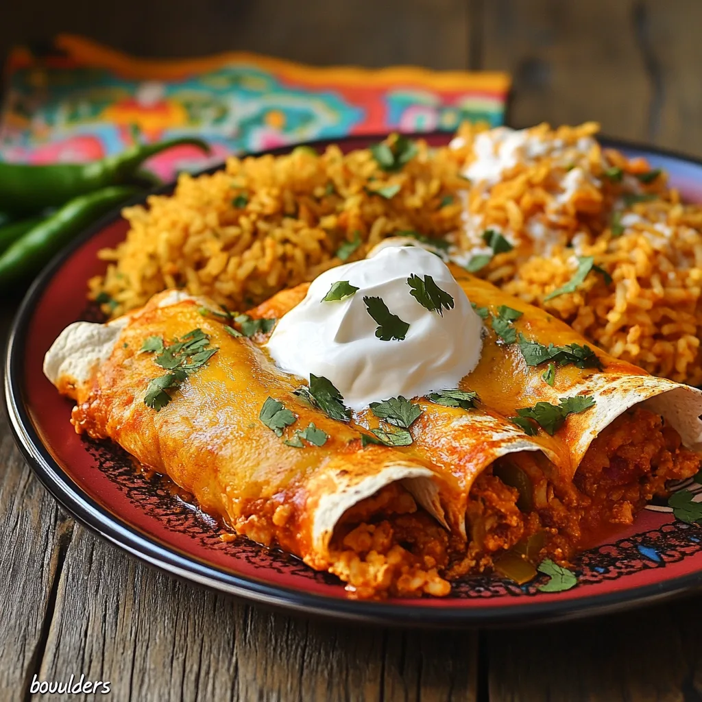 A plate of sliced boulders enchilada recipe served with Mexican rice and sour cream, on a rustic table setting.