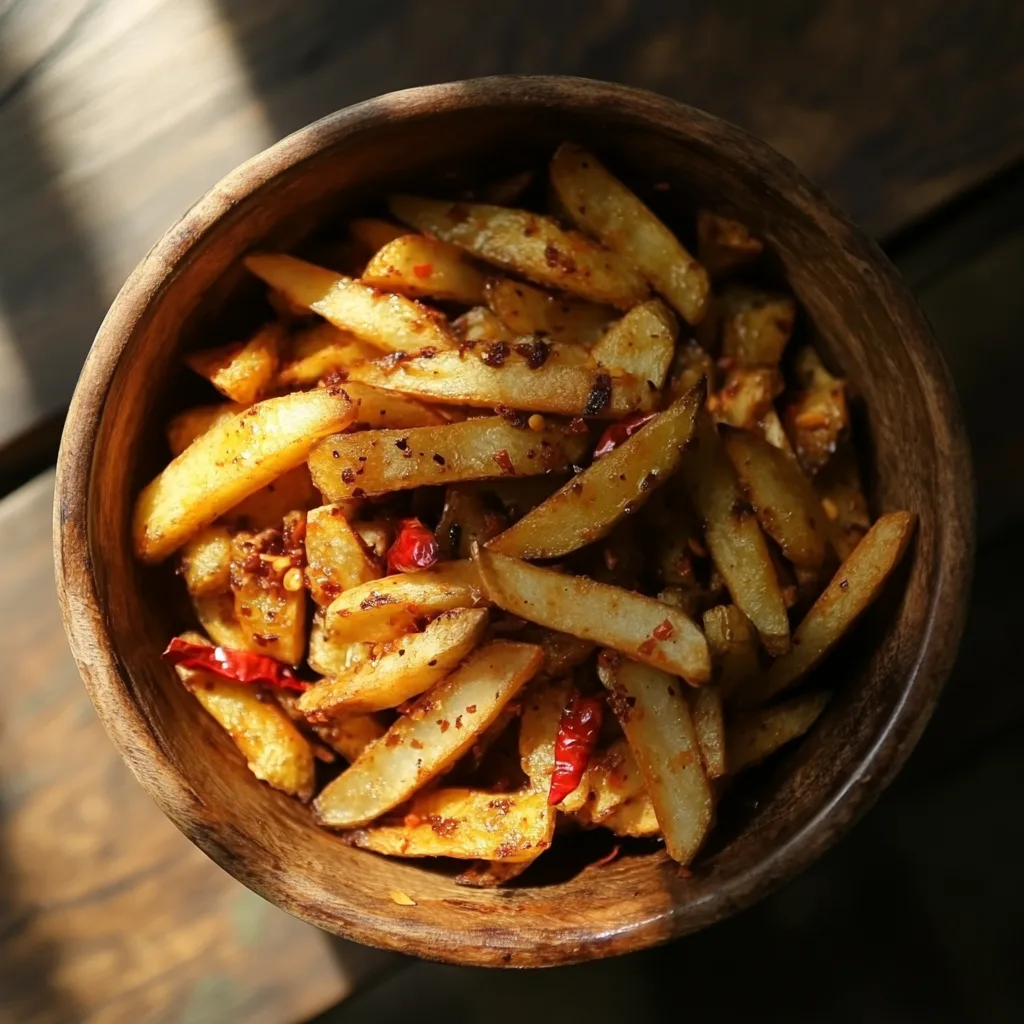 Rustic wooden bowl filled with golden-brown hot fries, some with chili flakes.