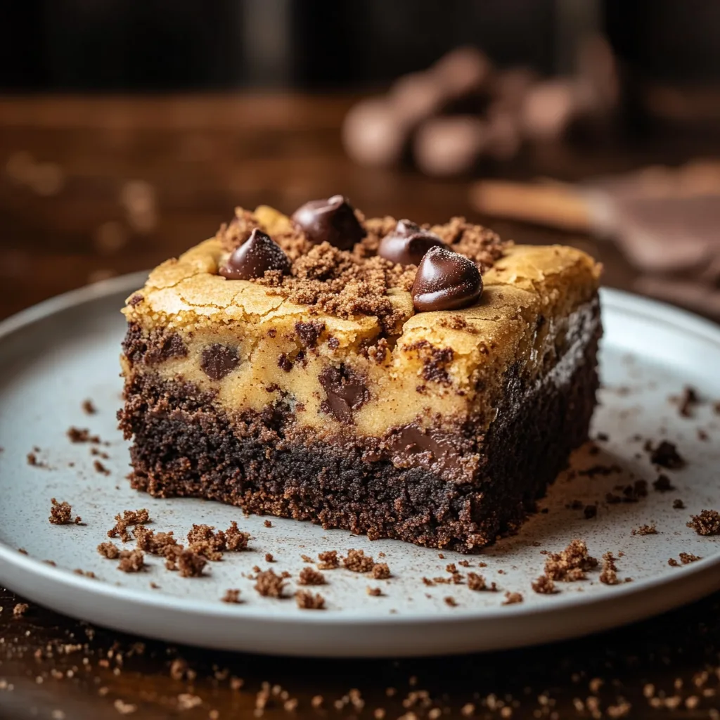 A brookie slice showing distinct brownie and cookie layers.