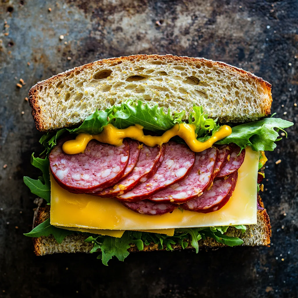 Top-down food photography of a delicious sandwich with garlic bologna, melted cheese, lettuce, tomato, and mustard on rustic bread.