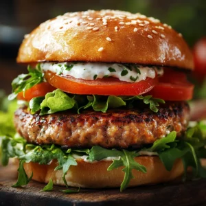 A close-up, photorealistic image of a stacked healthy burger with a lean turkey patty, vibrant greens, tomatoes, whole-wheat bun, and light sauce