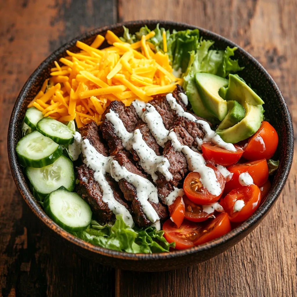 A colorful and healthy burger bowl with fresh ingredients