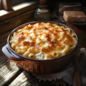 A close-up of creamy baked mac and cheese.