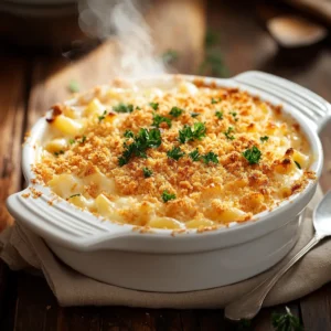 A steaming dish of Tini’s Mac and Cheese with a golden crust.