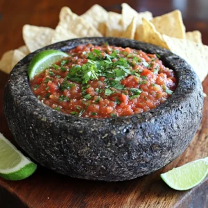 A traditional molcajete filled with vibrant salsa and garnished with cilantro