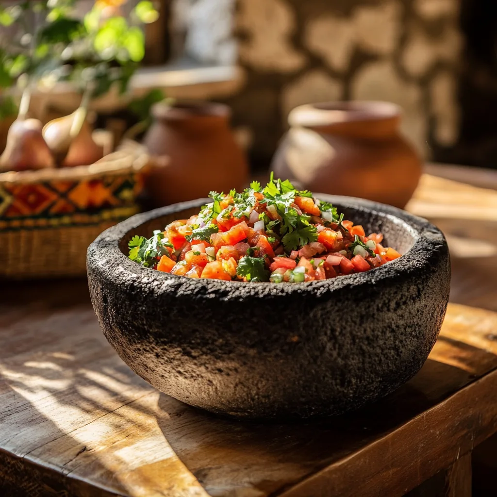 A traditional volcanic stone molcajete filled with freshly ground red tomatoes, green chili peppers, and cilantro, placed on a rustic wooden countertop in a bright Mexican kitchen.