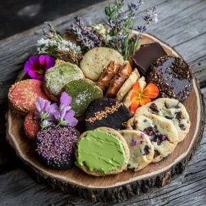 A platter of unique cookies including matcha, lavender honey, and dark chocolate chili cookies.