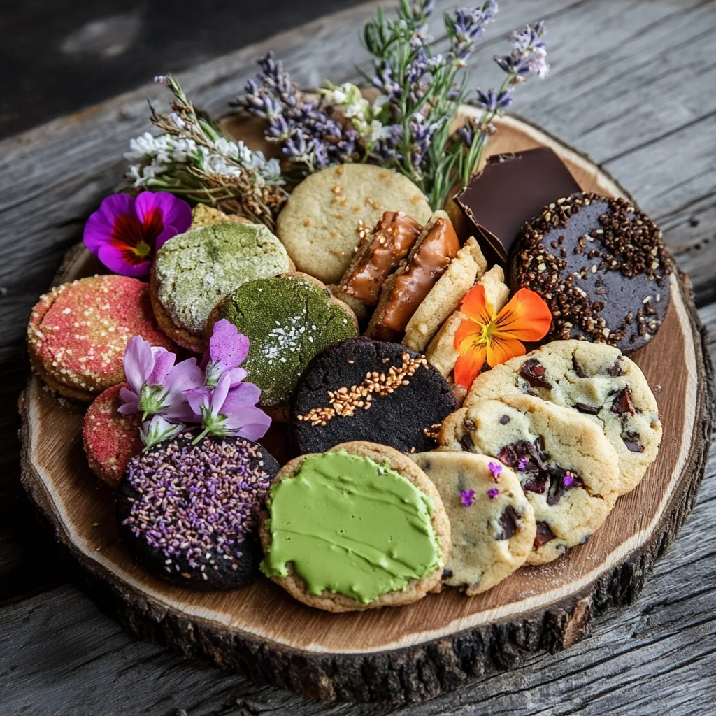 A platter of unique cookies including matcha, lavender honey, and dark chocolate chili cookies.