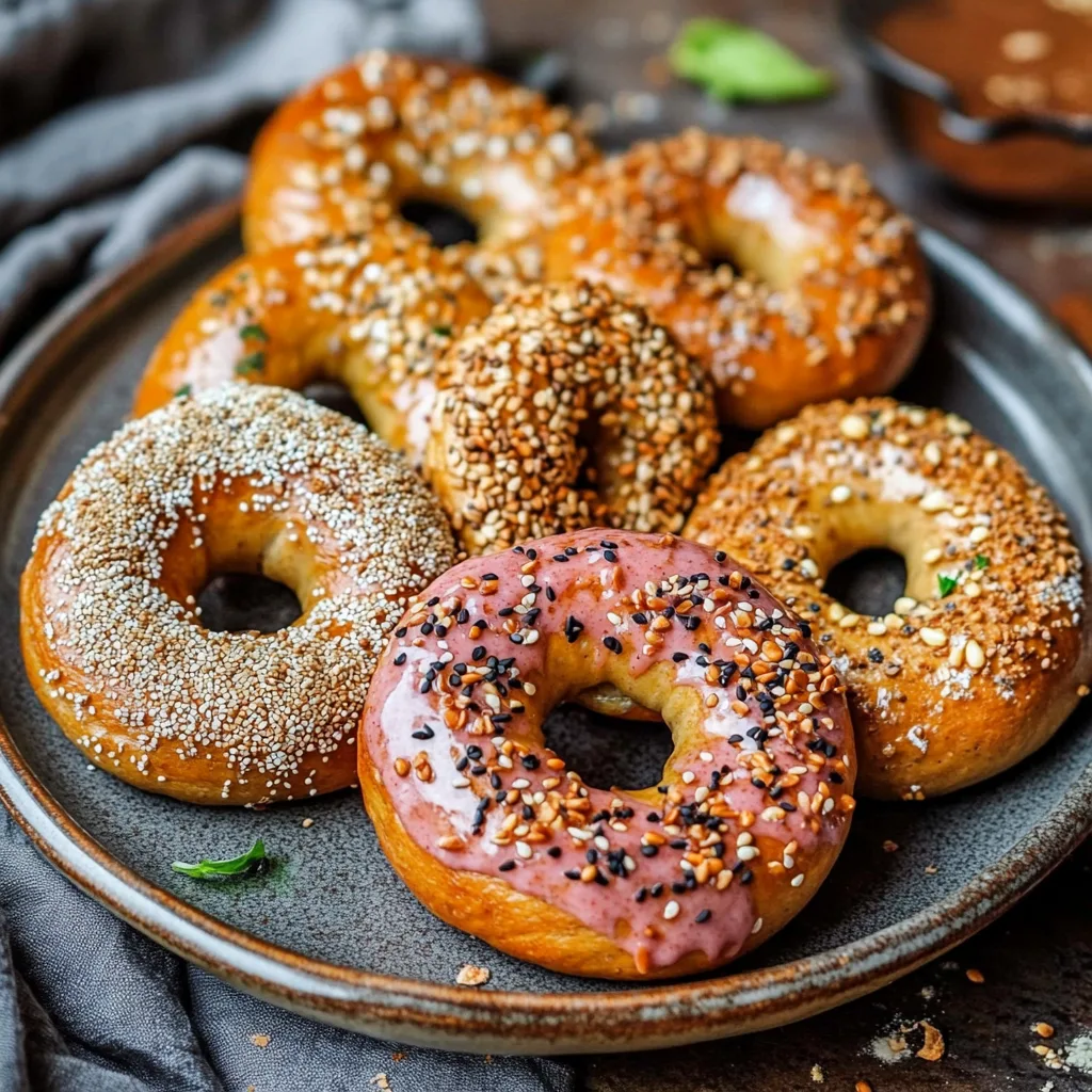 A variety of sourdough bagels with different toppings.