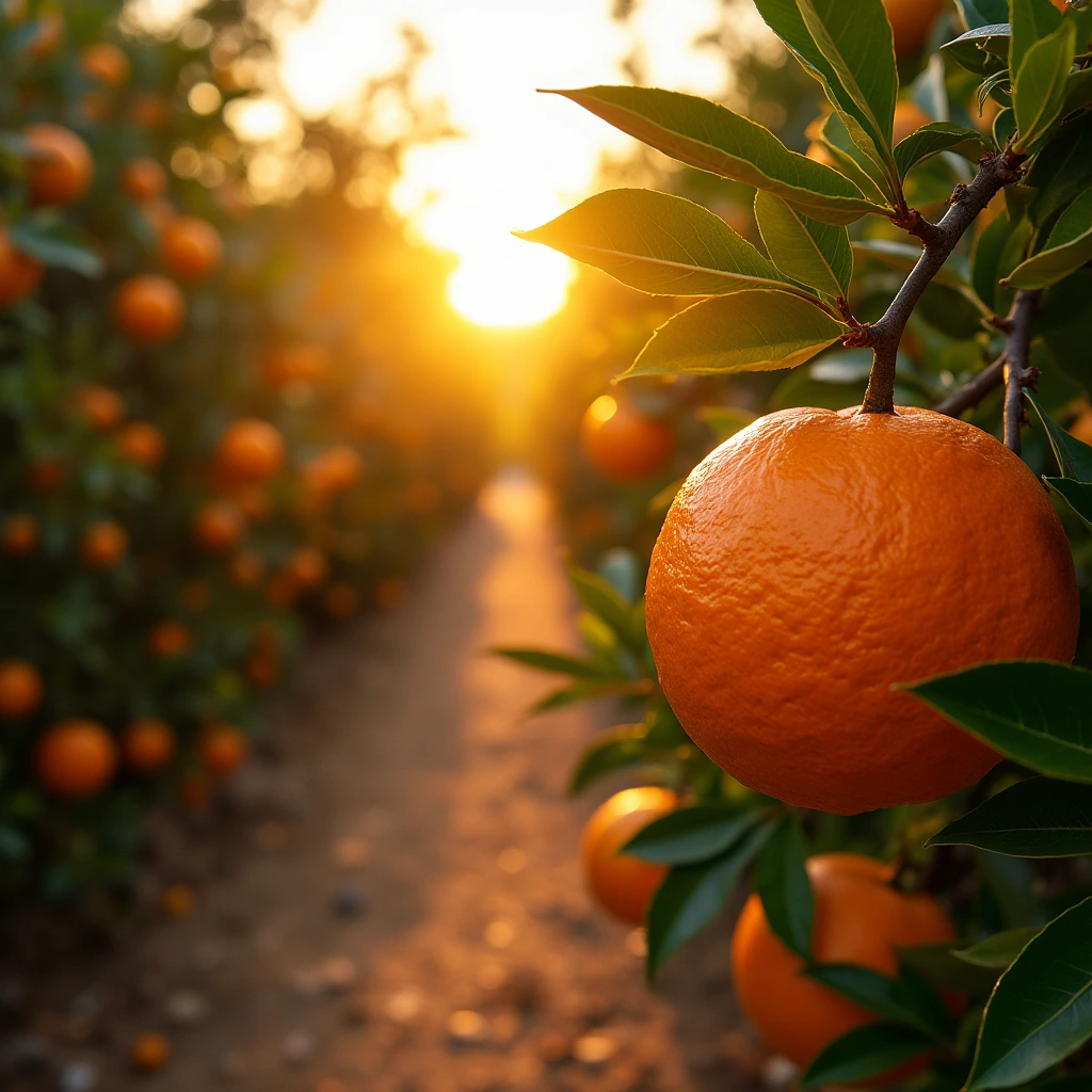 Blood orange grove with ripe fruits on trees, illuminated by warm sunlight at golden hour
