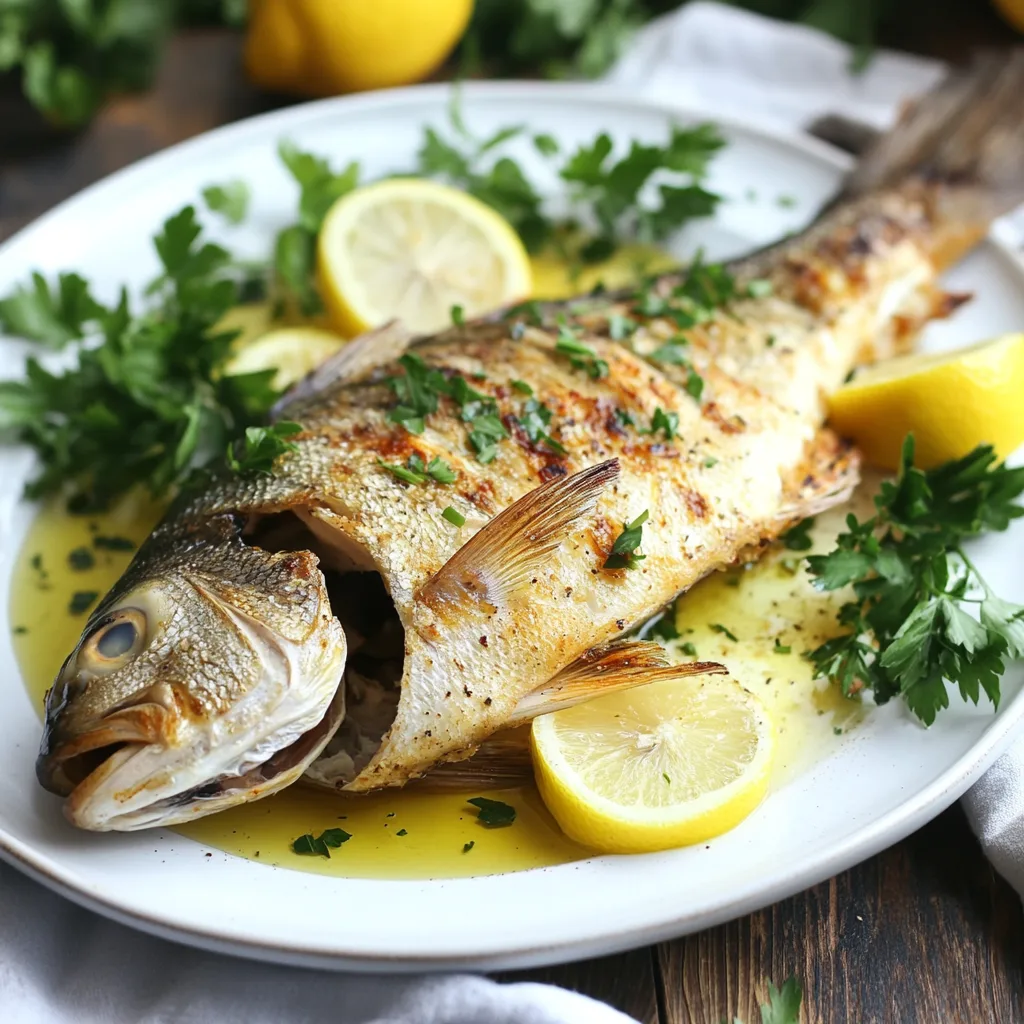 Whole branzino fish with crispy golden skin served on a plate.