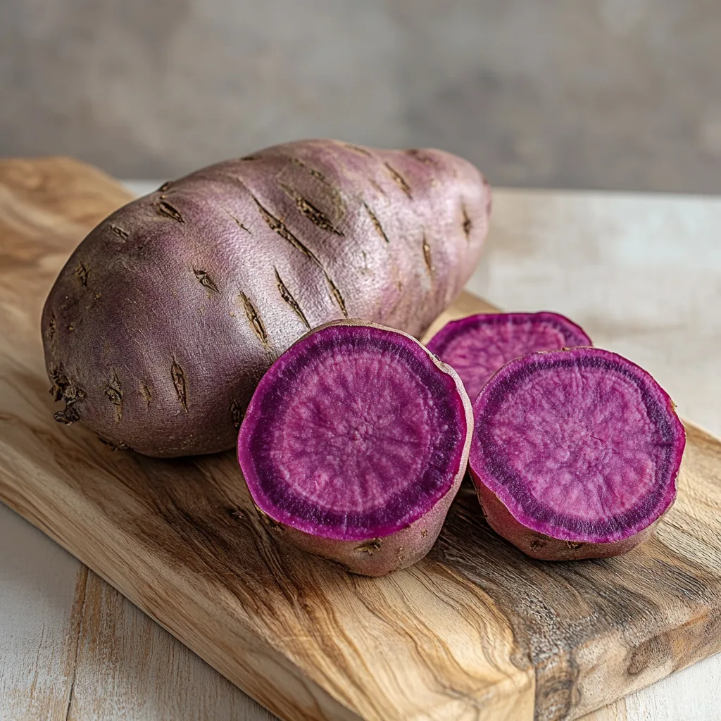 A whole and sliced purple sweet potato showing the vibrant interior and edible skin.