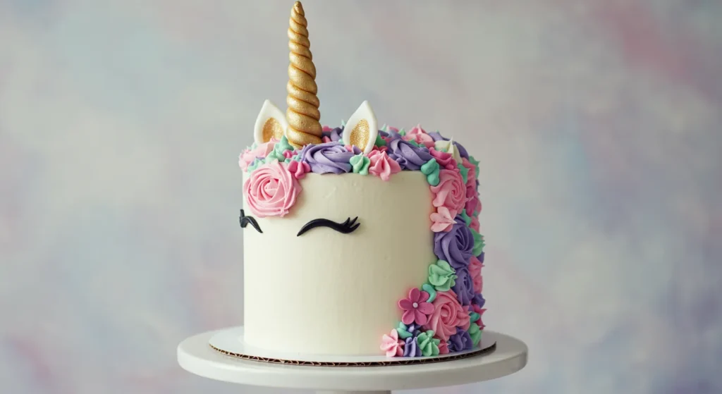 Close-up of a beautifully decorated unicorn cake with a gold horn and pastel mane.