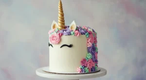 Close-up of a beautifully decorated unicorn cake with a gold horn and pastel mane.