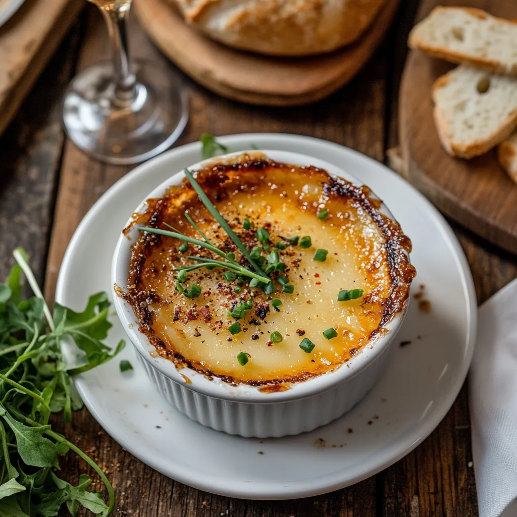 A gourmet Crab Brulee served in a white ramekin with a golden caramelized crust, garnished with fresh chives and a sprinkle of paprika. The dish is placed on a rustic wooden table alongside a glass of Chardonnay, a green salad, and crusty bread, creating a warm and elegant dining atmosphere.