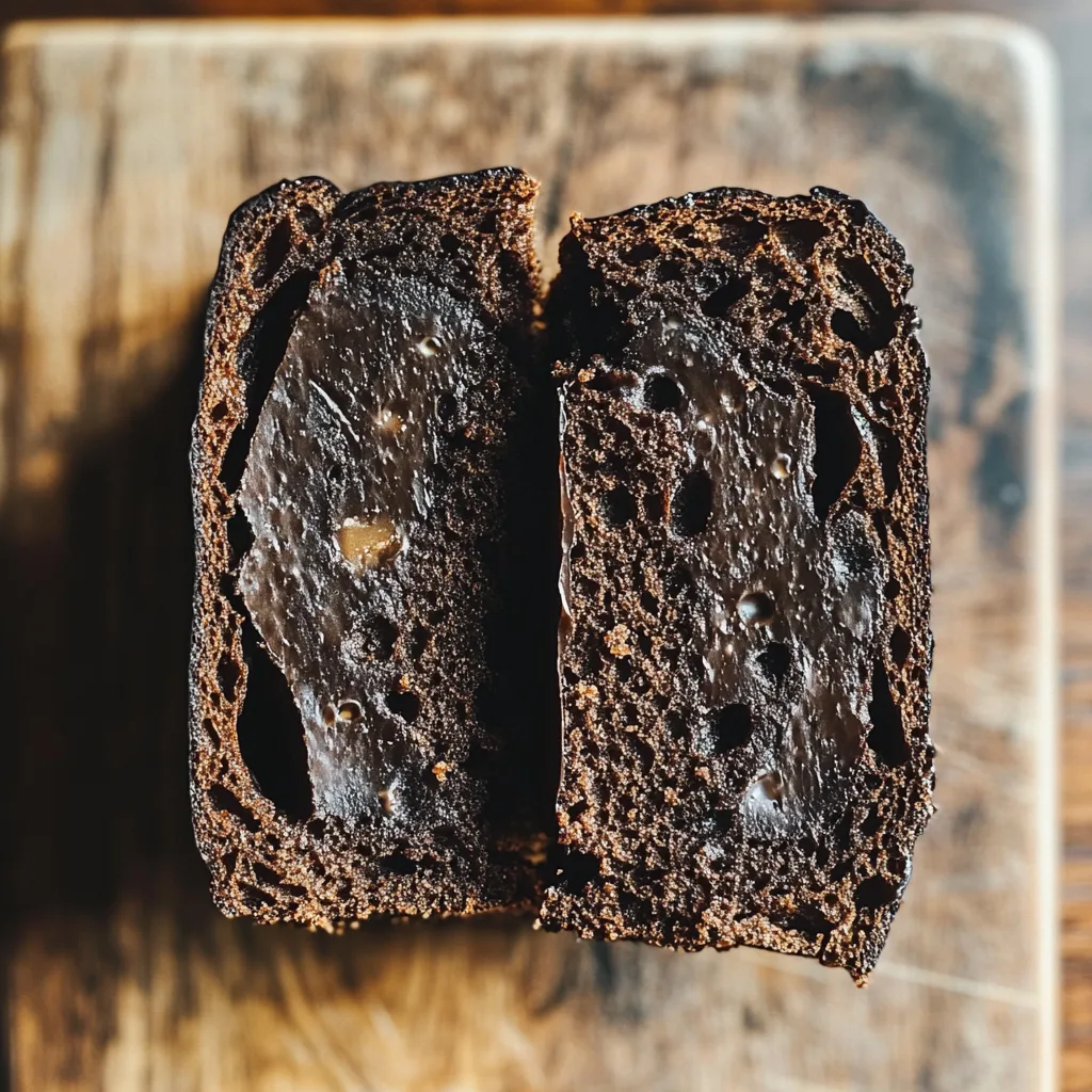 Close-up of a moist, halved sourdough chocolate cake on a wooden cutting board.