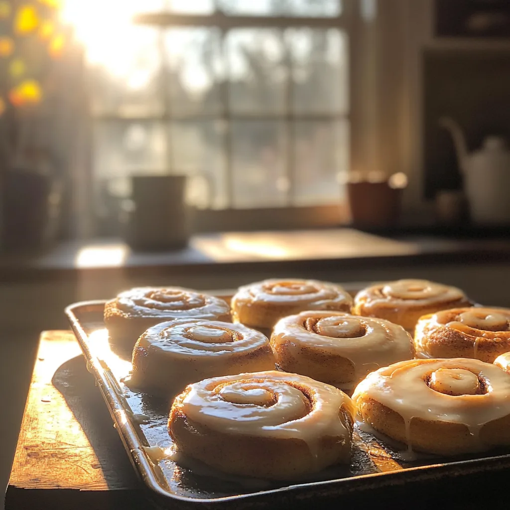 A baking sheet filled with golden brown sourdough cinnamon rolls with a creamy glaze.