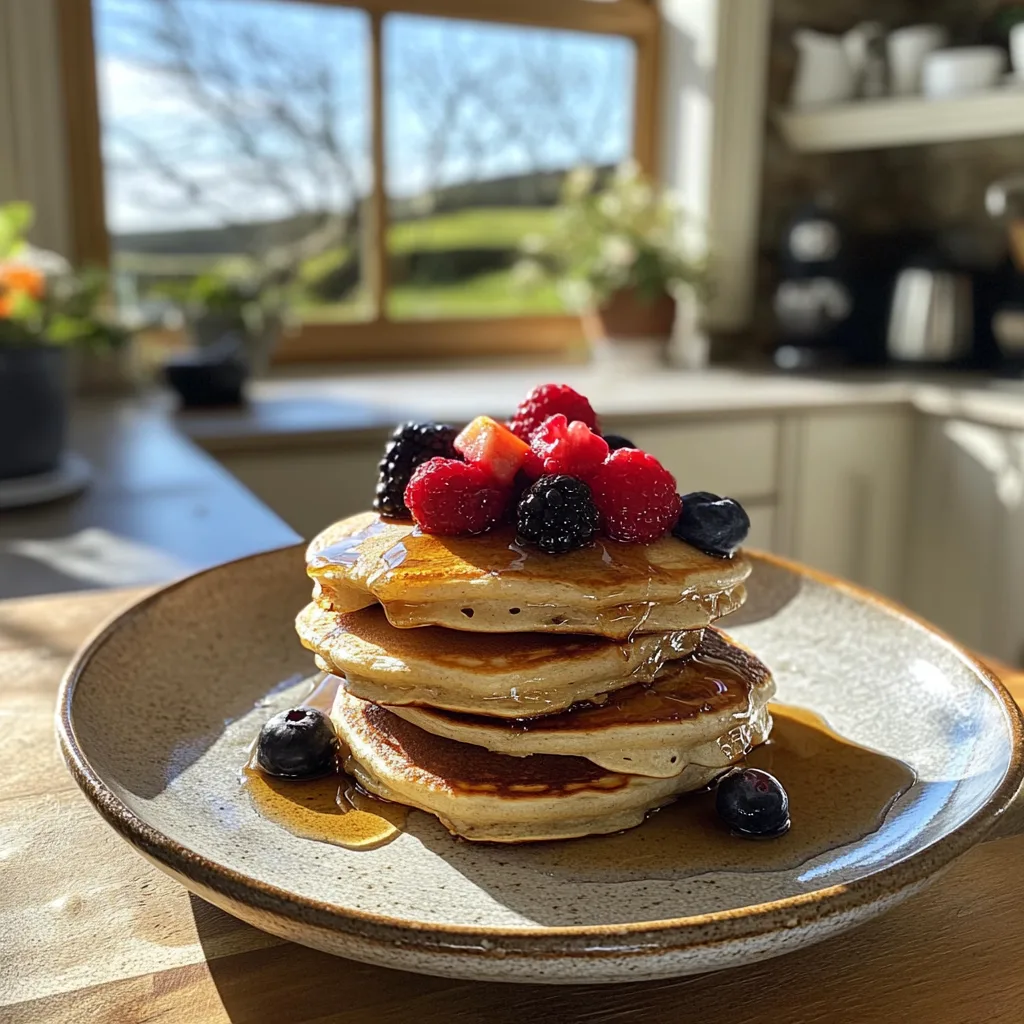 A stack of sourdough pancakes topped with berries and maple syrup on a rustic plate.