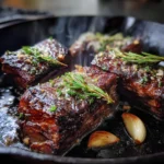 Sous vide beef short ribs searing in a cast iron skillet with rosemary and garlic