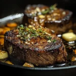 filet mignon searing in cast iron skillet