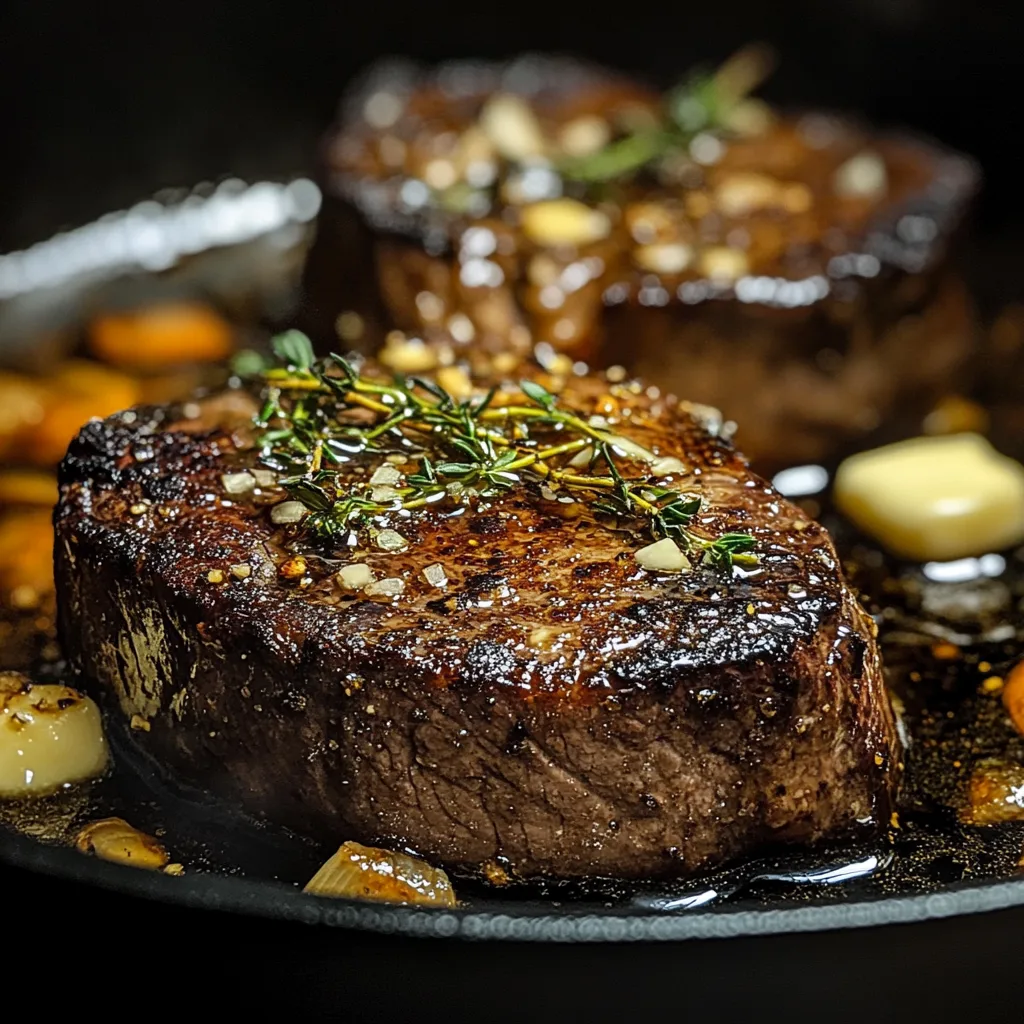 filet mignon searing in cast iron skillet
