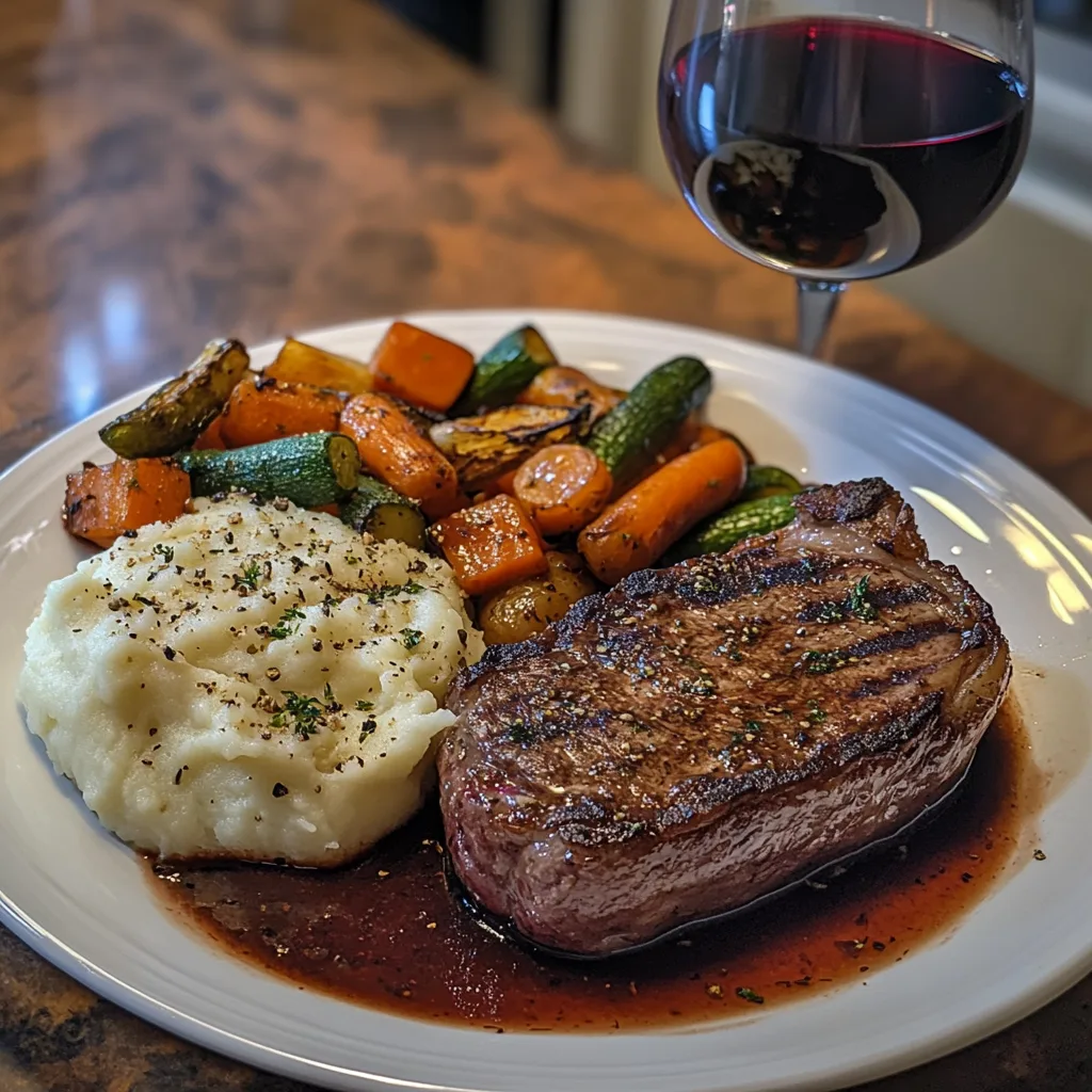 sous vide ribeye steak with wine and sides